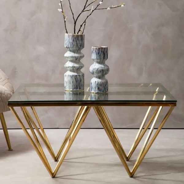 Allston Clear Glass Square Coffee Table With Prismatic Gold Frame | Bed Sava