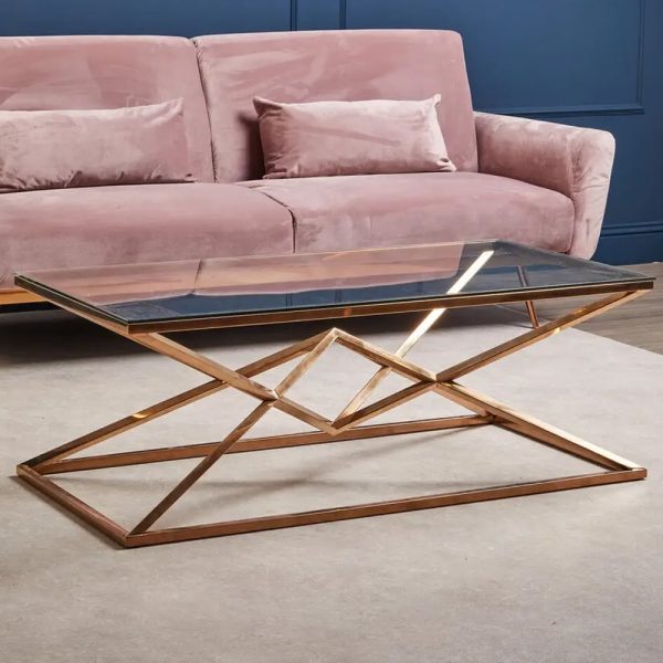 Allston Glass Coffee Table With Corseted Rose Gold Frame | Bed Sava