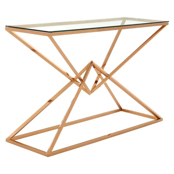 Allston Glass Console Table With Corseted Rose Gold Frame | Bed Sava