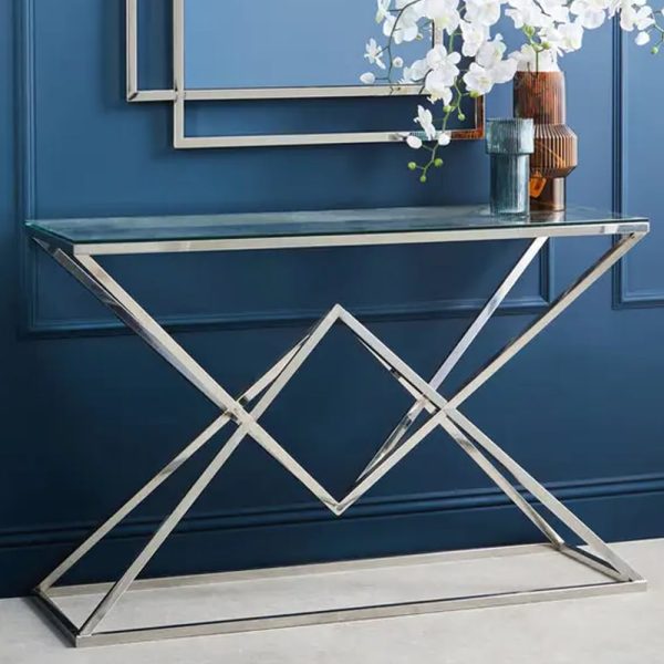 Allston Glass Console Table With Corseted Silver Frame | Bed Sava