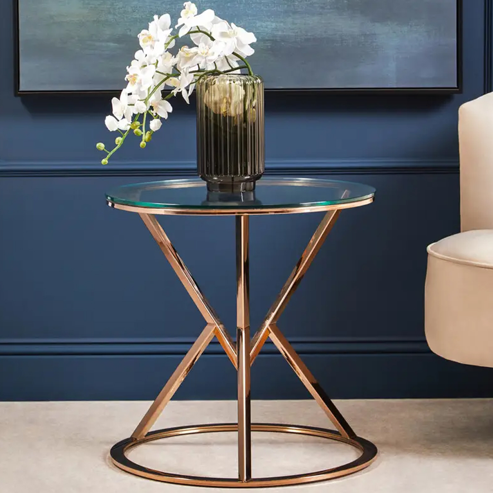 Allston Glass Round End Table With Corseted Rose Gold Frame