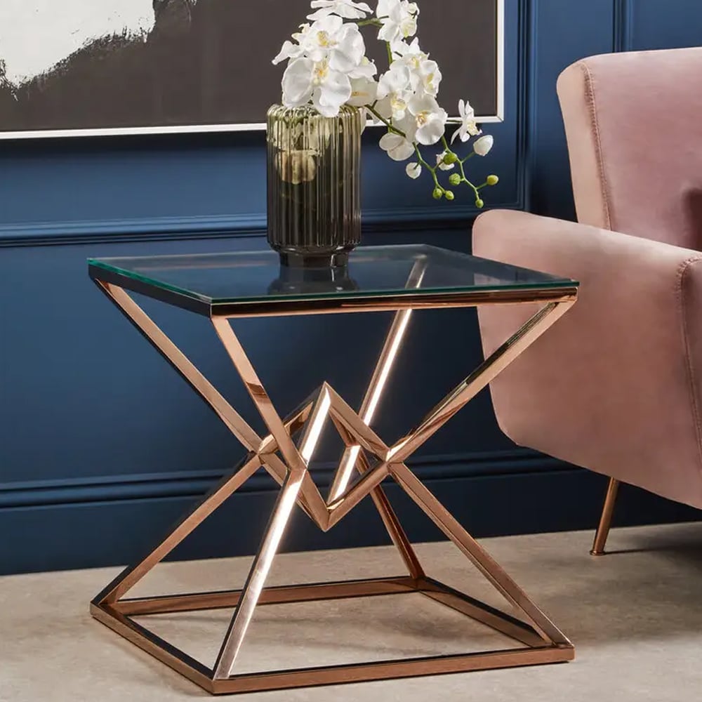 Allston Glass Square End Table With Corseted Rose Gold Frame