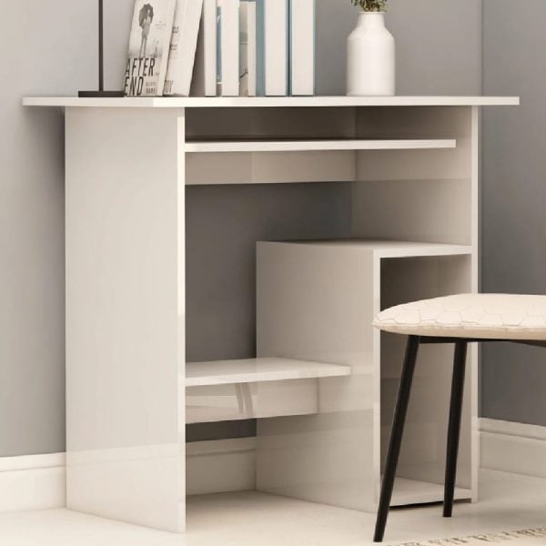Allston High Gloss Laptop Desk With 2 Shelves In White | Bed Sava