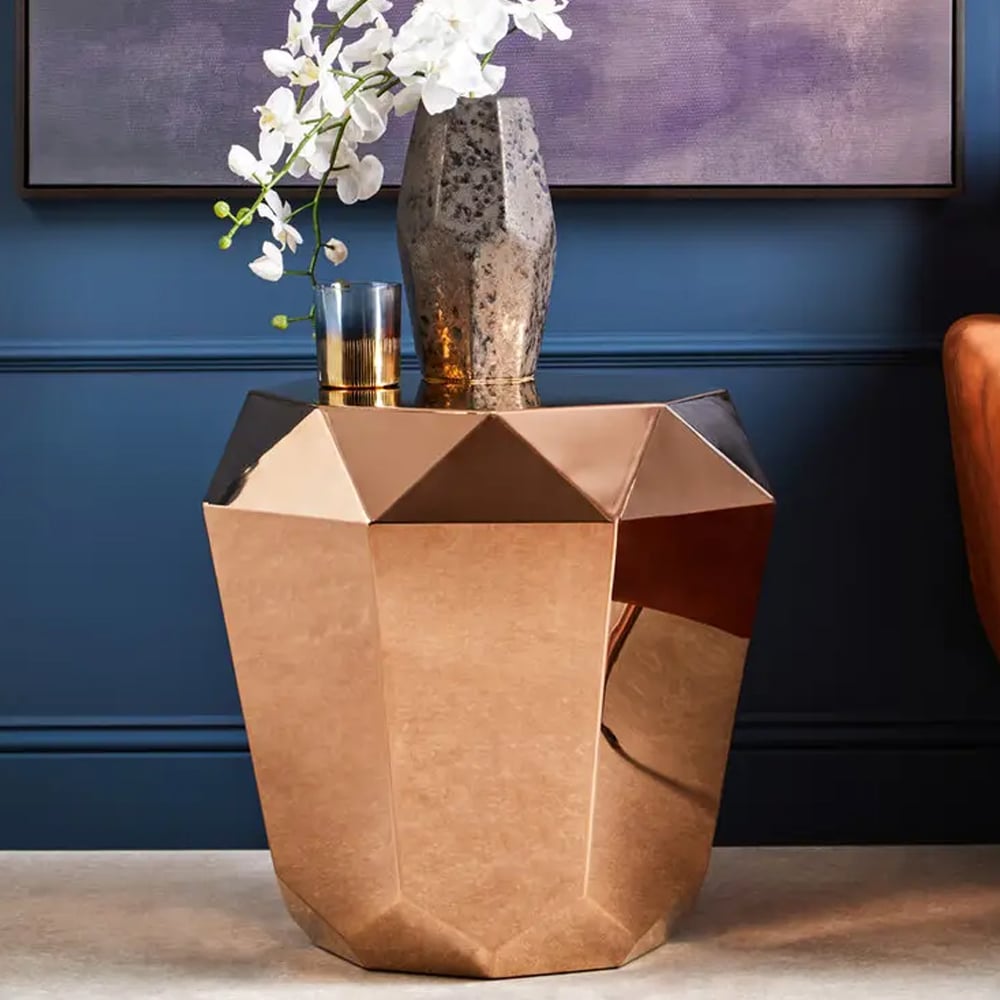 Allston Metal Diamond Cut End Table In Rose Gold