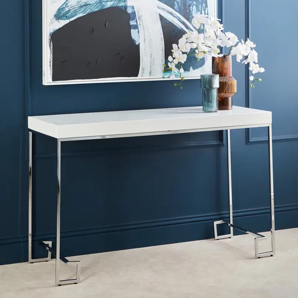 Allston White High Gloss Console Table With Chrome Frame