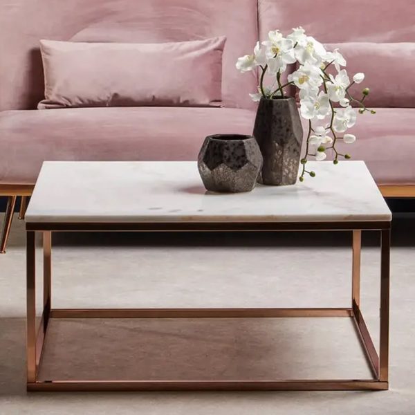 Allston White Marble Square Coffee Table With Rose Gold Frame | Bed Sava