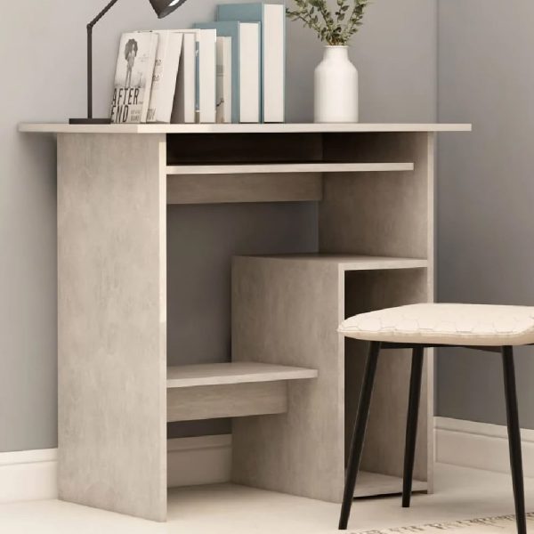 Allston Wooden Laptop Desk With 2 Shelves In Concrete Grey | Bed Sava