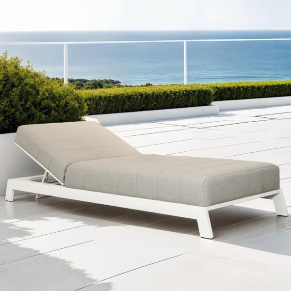 Avenel Fabric Outdoor Sun Lounger In White And Stone Natte | Bed Sava