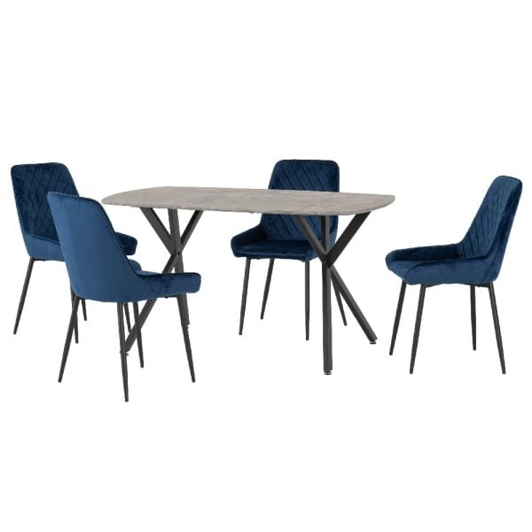 Alsip Concrete Effect Dining Table With 4 Blue Velvet Chairs | Bed Sava