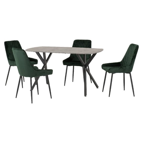 Alsip Concrete Effect Dining Table With 4 Green Velvet Chairs | Bed Sava