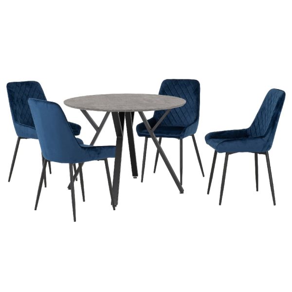 Alsip Round Concrete Dining Table With 4 Avah Blue Chairs | Bed Sava
