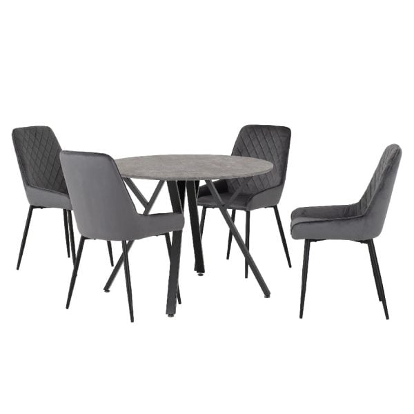 Alsip Round Concrete Dining Table With 4 Avah Grey Chairs | Bed Sava