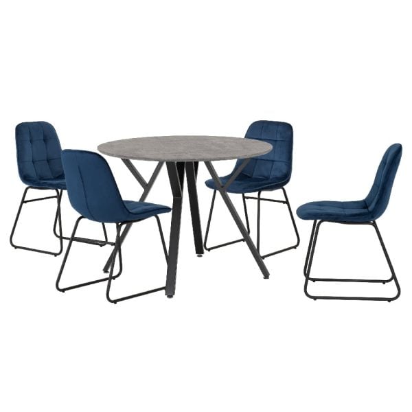 Alsip Round Concrete Dining Table With 4 Lyster Blue Chairs | Bed Sava