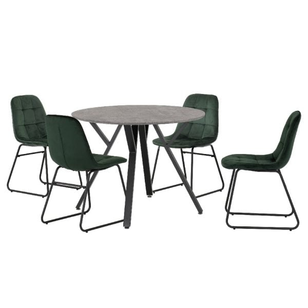 Alsip Round Concrete Dining Table With 4 Lyster Green Chairs | Bed Sava