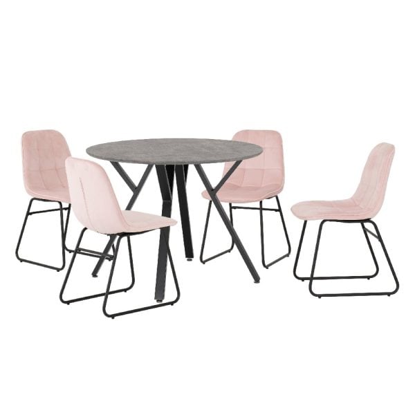 Alsip Round Concrete Dining Table With 4 Lyster Pink Chairs | Bed Sava