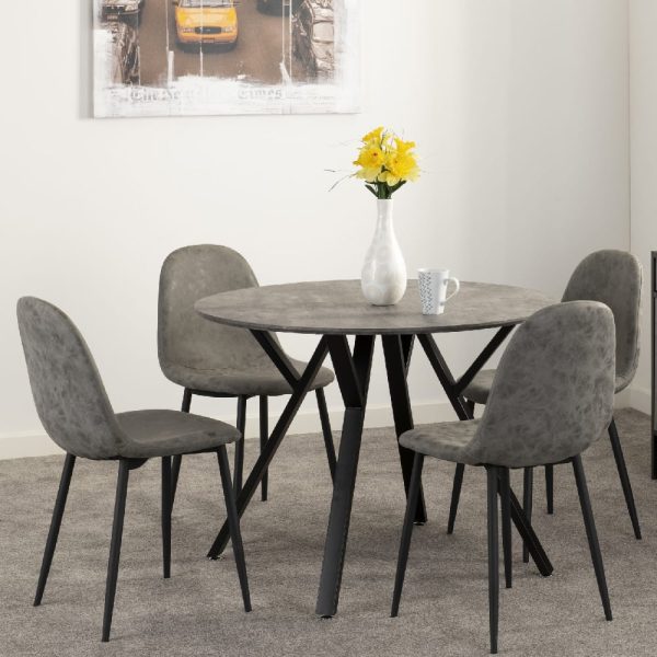 Alsip Round Concrete Efffect Dining Table With 4 Grey Chairs | Bed Sava