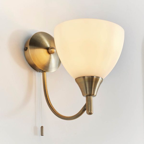 Alton Matt Opal Glass Shade Wall Light In Antique Brass | Bed Sava