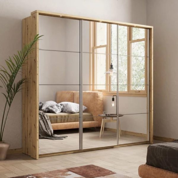 Amarillo Mirrored Wardrobe With 3 Sliding Doors In Oak Shetland | Bed Sava