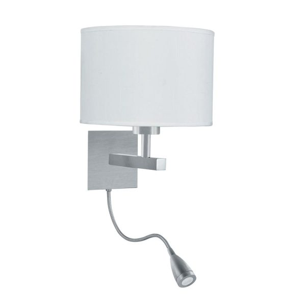 Ames LED White Fabric Dual Arm Wall Light In Satin Silver | Bed Sava