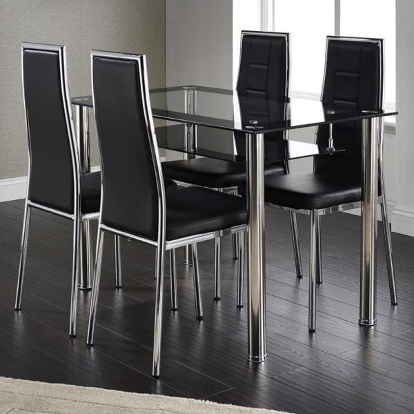 Anaheim Black Clear Glass Dining Table 4 Chairs With Chrome Legs | Bed Sava