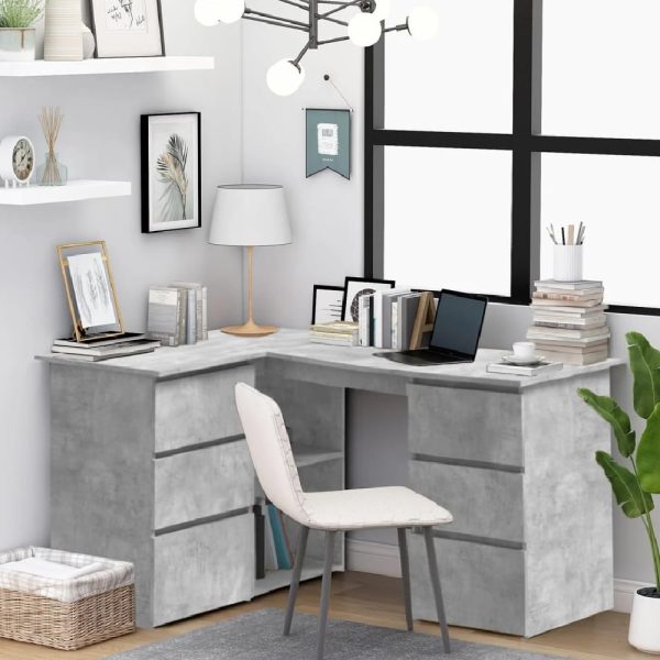 Andover Wooden Corner Laptop Desk With 4 Drawer In Concrete Grey | Bed Sava