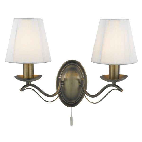 Andretti 2 Light Ivory Fabric Wall Light In Antique Brass | Bed Sava