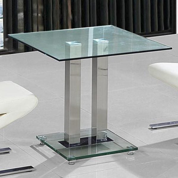 Ankaria Clear Glass Square Dining Table With Chrome Base | Bed Sava