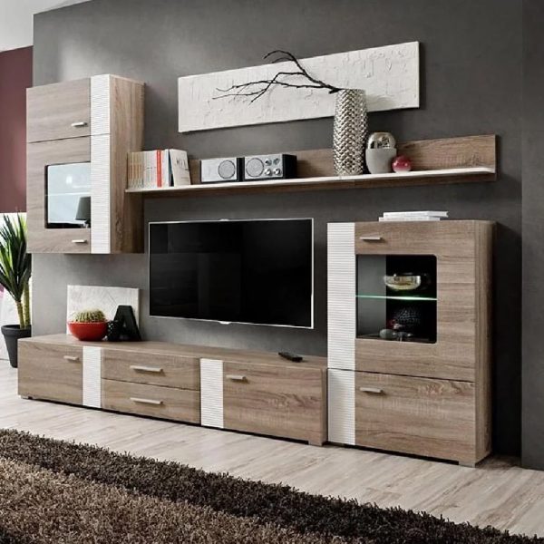 Ankeny Wooden Entertainment Unit In Oak Teufel With LED | Bed Sava