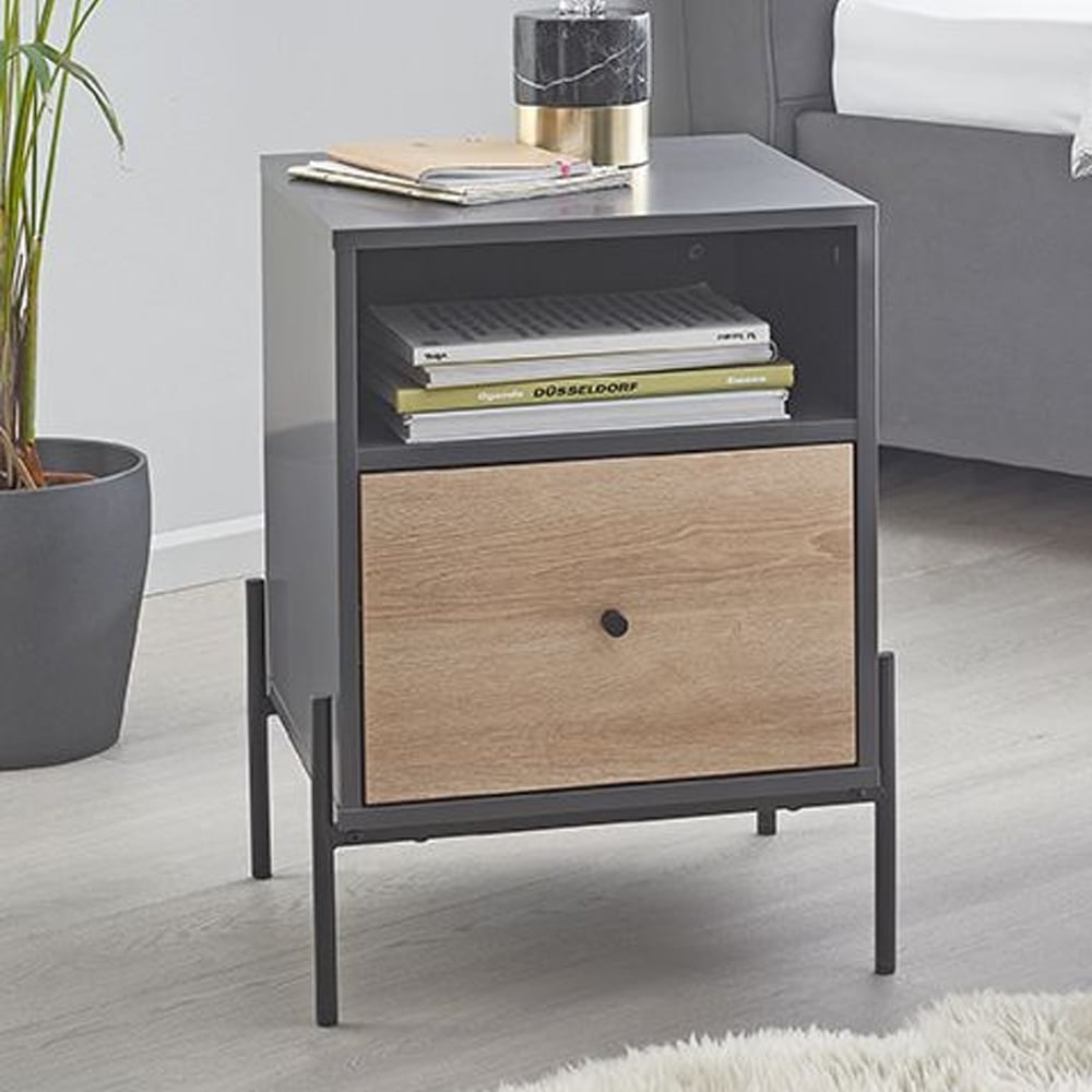 Anniston Wooden Bedside Cabinet With 1 Drawer In Anthracite Oak