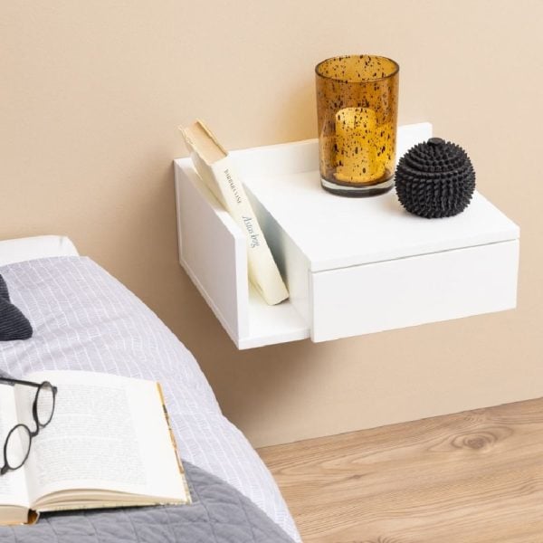 Antigo Wall Hung Wooden Bedside Cabinet With Shelf In White | Bed Sava