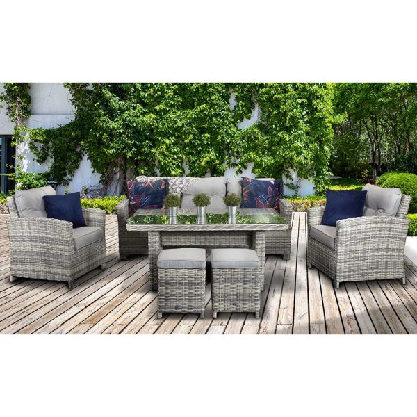 Arax Glass Top Garden Sofa Dining Set With 2 Ottomans In Grey | Bed Sava