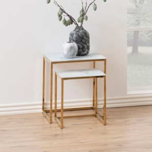 Arcata Glass Nest Of 2 Tables In White Marble Effect | Bed Sava