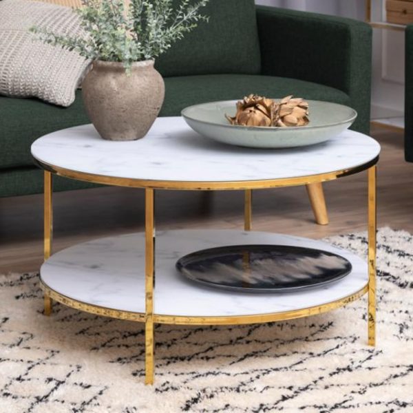 Arcata Glass Round Coffee Table With Shelf In White Marble Effect | Bed Sava