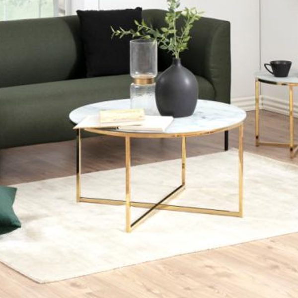 Arcata Glass Round Coffee Table In White Marble Effect | Bed Sava