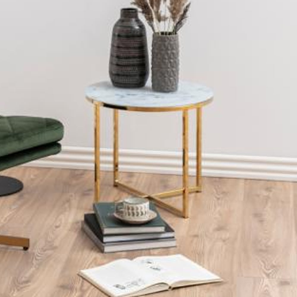 Arcata Glass Round Side Table In White Marble Effect