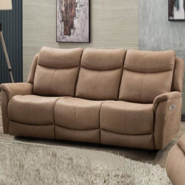Arizones Fabric Electric Recliner 3 Seater Sofa In Caramel | Bed Sava