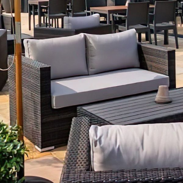Arlo Rattan Outdoor 2 Seater Sofa With Light Grey Cushions In Brown | Bed Sava