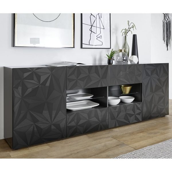 Arlon High Gloss Sideboard With 2 Doors 4 Drawers In Grey And LED | Bed Sava