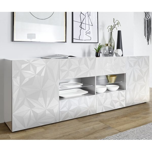 Arlon High Gloss Sideboard With 2 Doors 4 Drawers In White And LED | Bed Sava