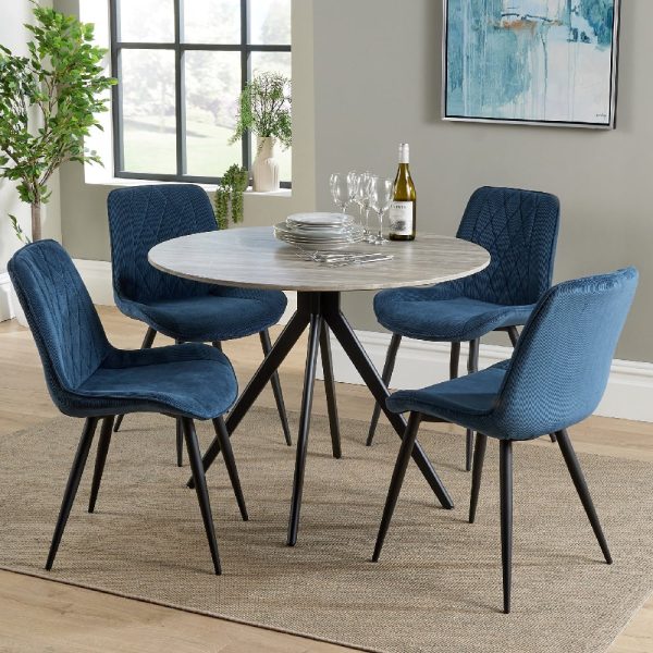 Arta Round Grey Wooden Dining Table 4 Blue Diamond Chairs | Bed Sava