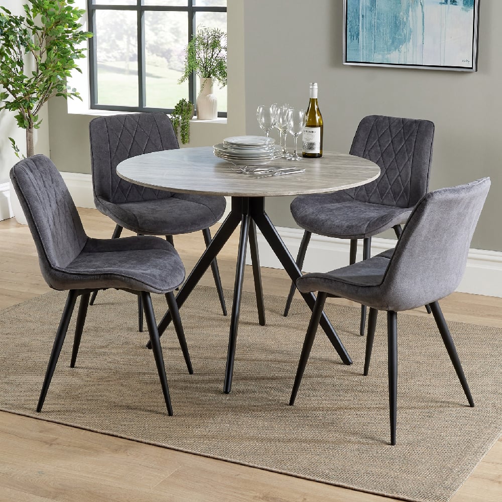 Arta Round Grey Wooden Dining Table 4 Dark Grey Diamond Chairs
