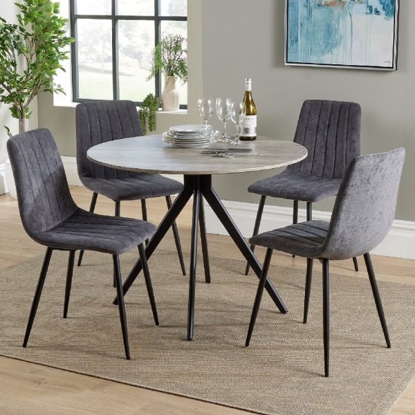 Arta Round Grey Wooden Dining Table 4 Dark Grey Straight Chairs | Bed Sava
