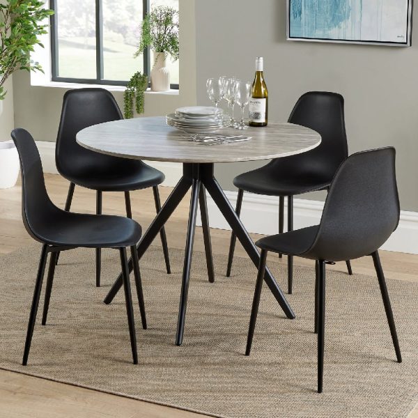 Arta Round Grey Wooden Dining Table 4 Duo Plastic Black Chairs | Bed Sava