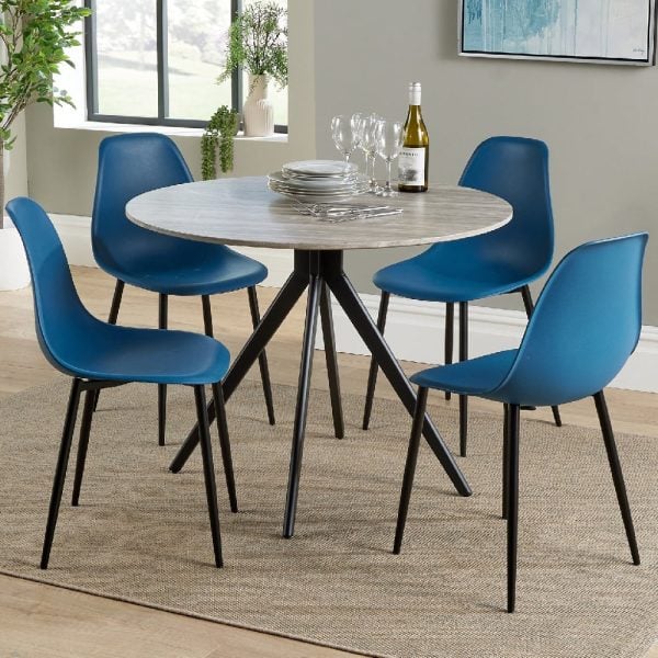 Arta Round Grey Wooden Dining Table 4 Duo Plastic Blue Chairs | Bed Sava