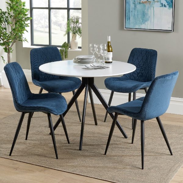 Arta Round White Wooden Dining Table 4 Blue Diamond Chairs | Bed Sava