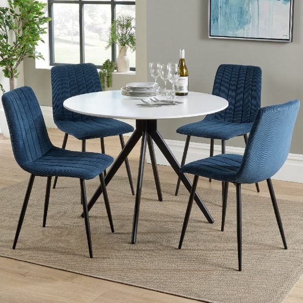 Arta Round White Wooden Dining Table 4 Blue Straight Chairs | Bed Sava