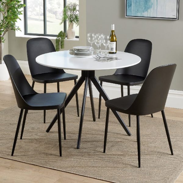Arta Round White Wooden Dining Table 4 Curve Plastic Black Chairs | Bed Sava
