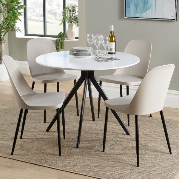 Arta Round White Wooden Dining Table 4 Curve Plastic Calico Chairs | Bed Sava