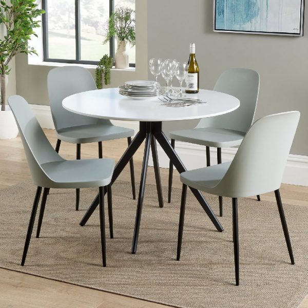 Arta Round White Wooden Dining Table 4 Curve Plastic Grey Chairs | Bed Sava
