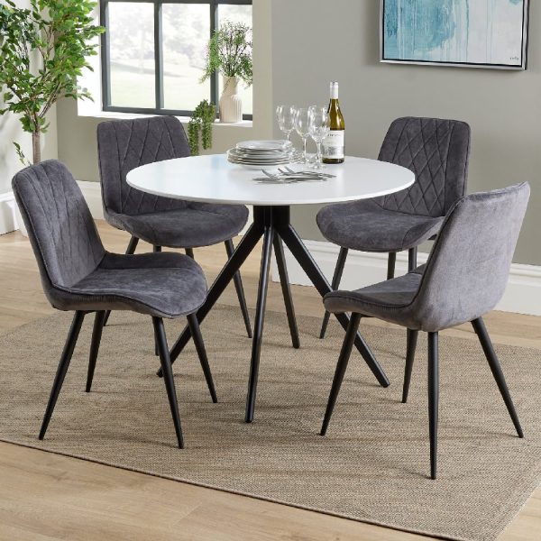 Arta Round White Wooden Dining Table 4 Dark Grey Diamond Chairs | Bed Sava